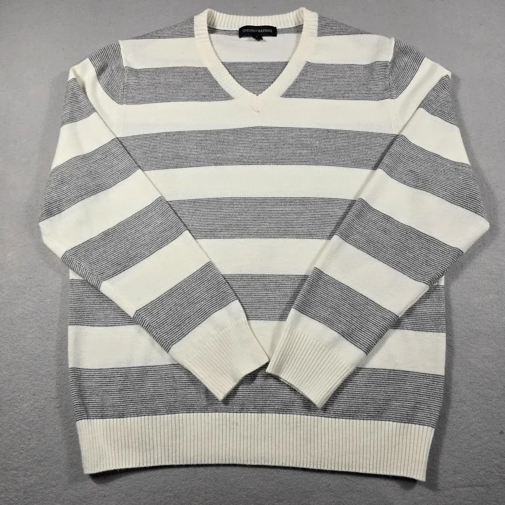 Tricots St Raphael Mens‎ Large Ivory Grey Sweater V-Neck Striped Knit Pullover
